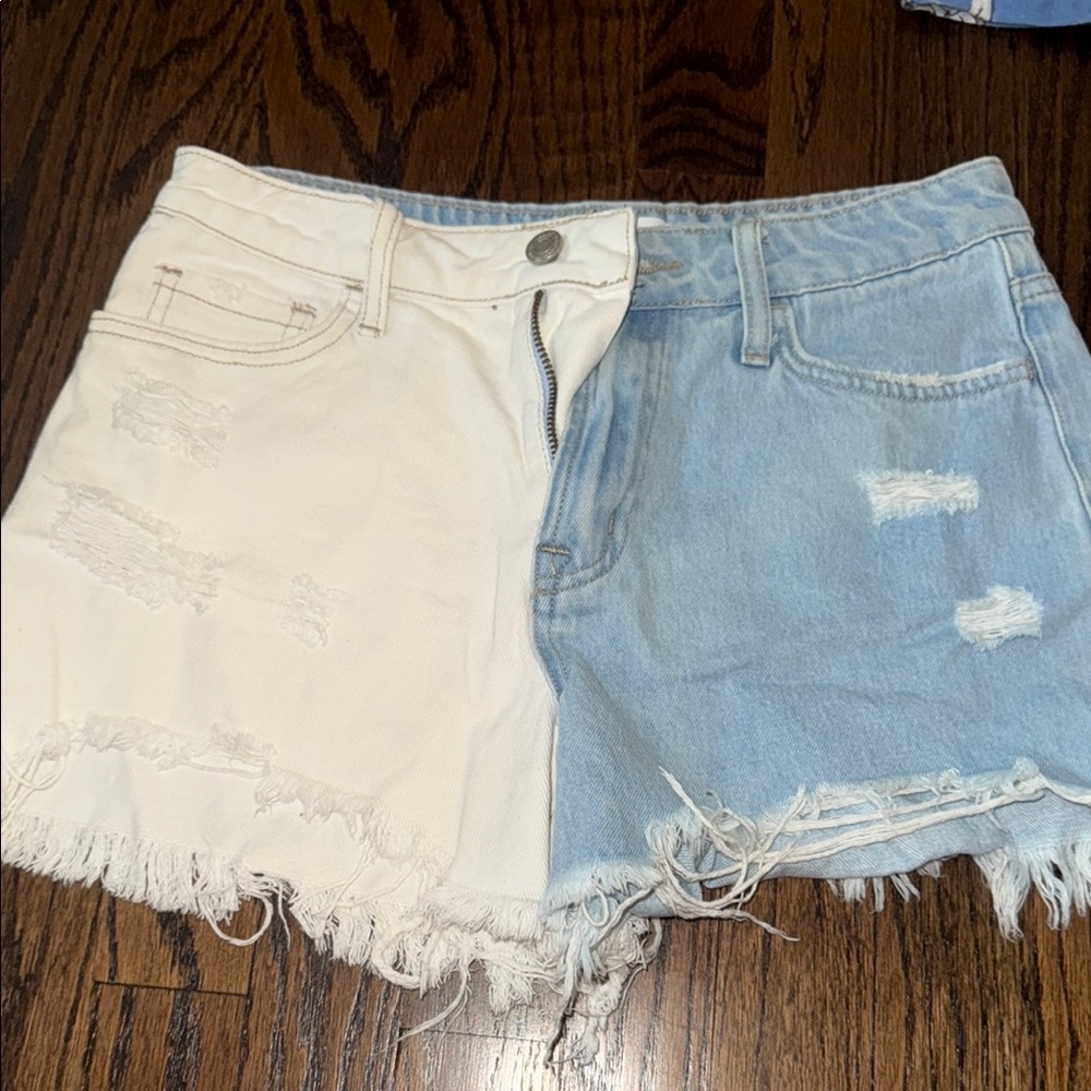 Two-Tone (Light Denim & White) Distressed Denim Shorts